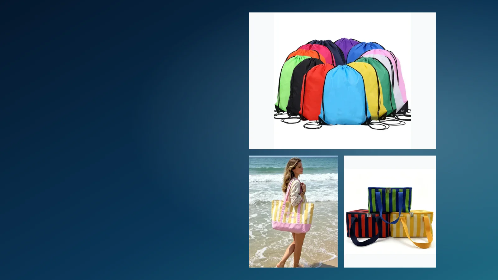 Drawstring, tote and cooler bag formats shown in a custom bags category composition
