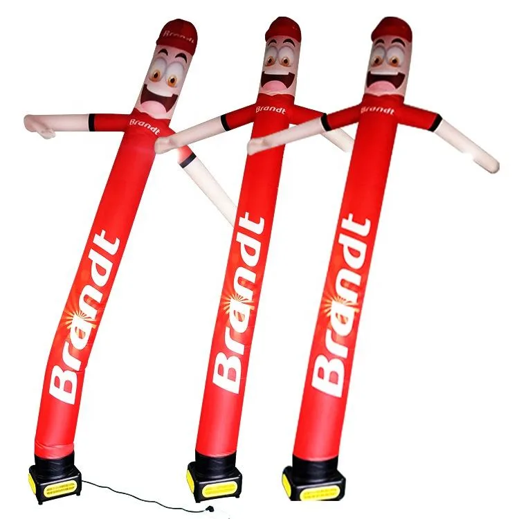Three real red advertising tube men displayed with their operating bases on a clean background