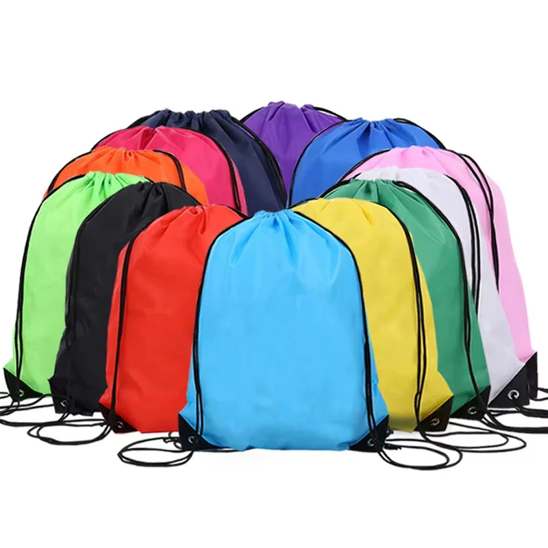 Real drawstring bags arranged in multiple blank color options