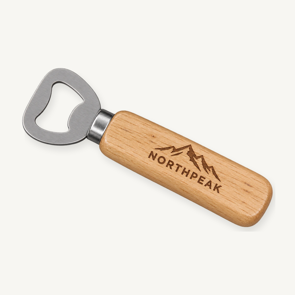 Wood-handle promotional bottle opener with illustrative mountain artwork