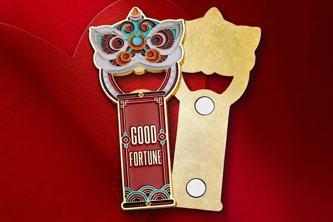 Decorative magnetic bottle opener shown from the illustrated front and functional reverse