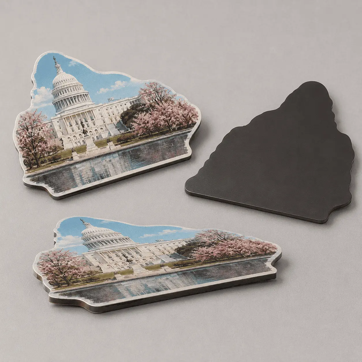Custom-shape fridge magnet shown from the front, back and edge