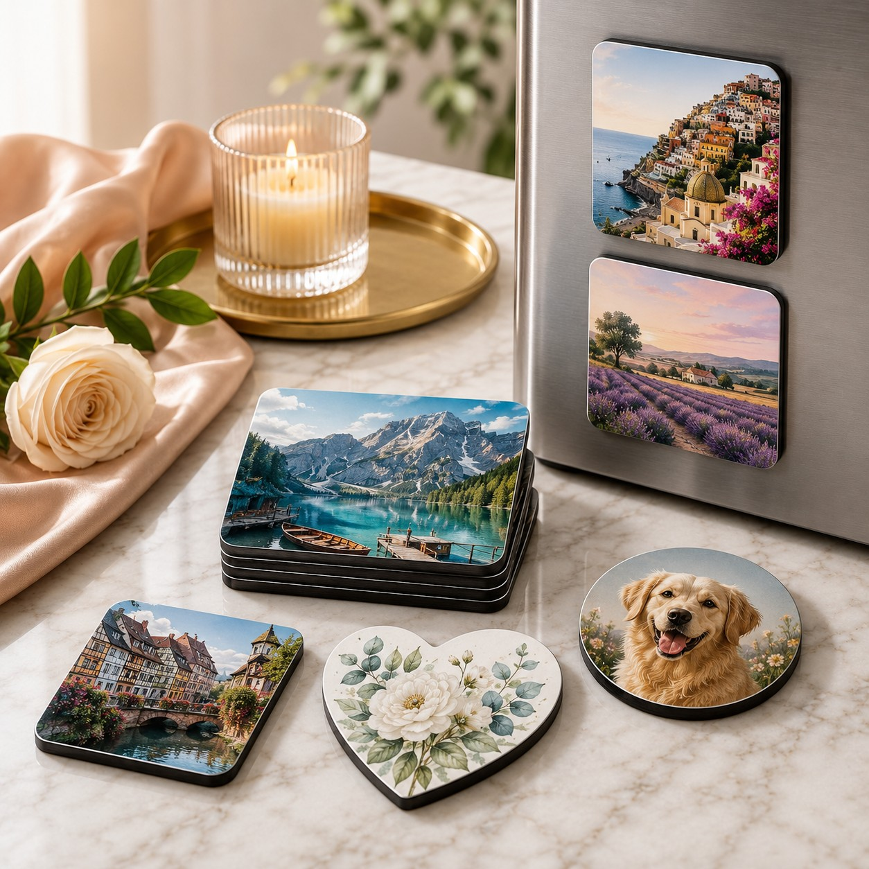 Custom fridge magnet examples in square, round and heart-shaped formats shown on a table and refrigerator
