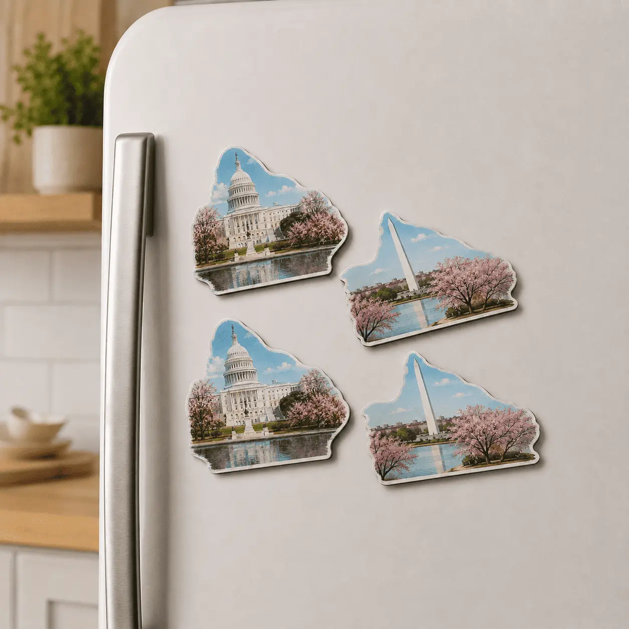 Custom-shape souvenir-style magnets displayed on a refrigerator