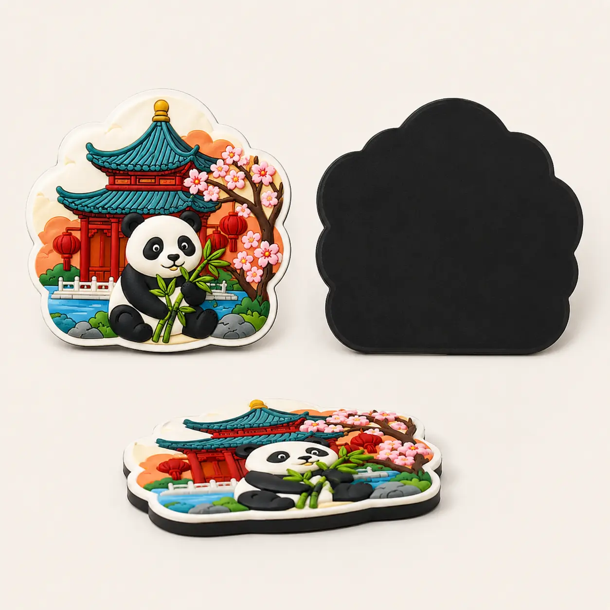Decorative soft-PVC fridge magnet example shown from the front, back and edge