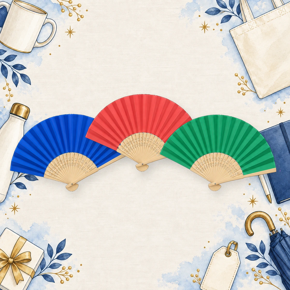 Blue, red and green folding hand fan examples arranged together