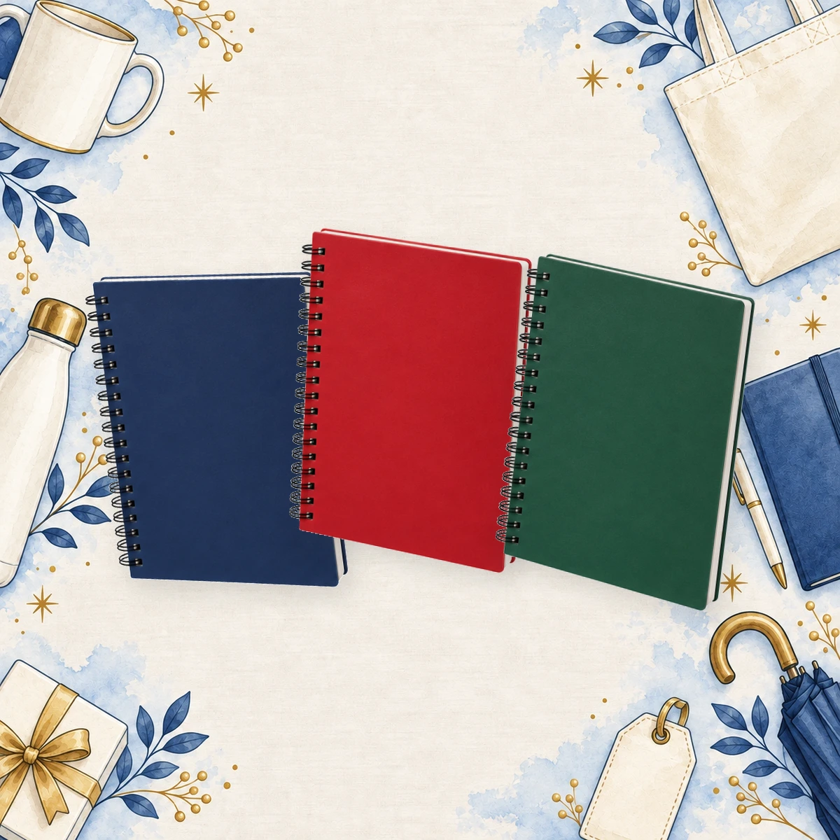 Navy, red and green spiral notebook examples arranged together