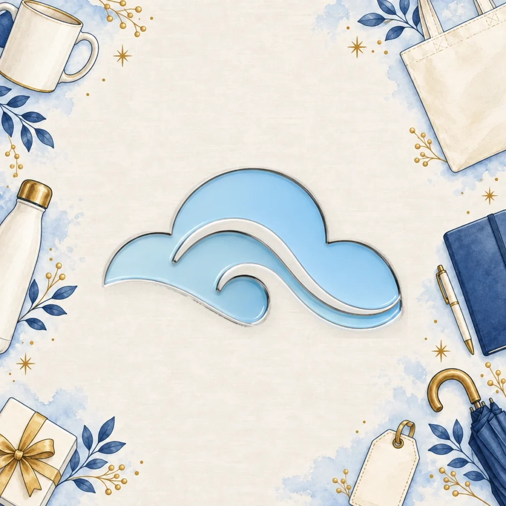 Clean custom-shape pin badge front with a blue and silver wave design