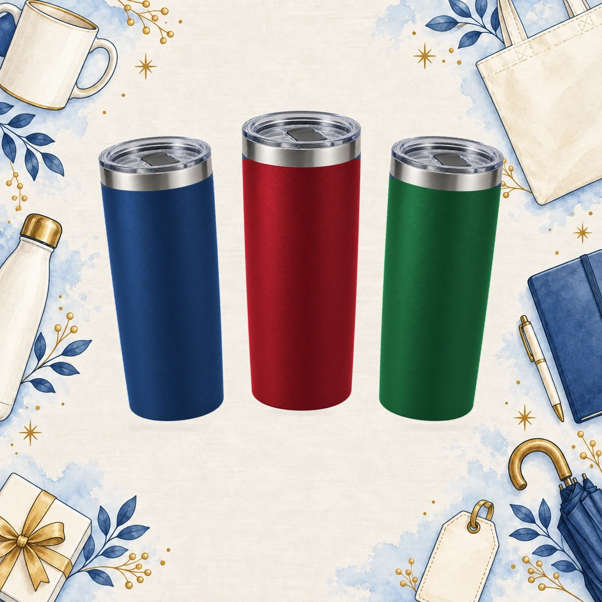 Navy, red and green lidded tumbler examples arranged together