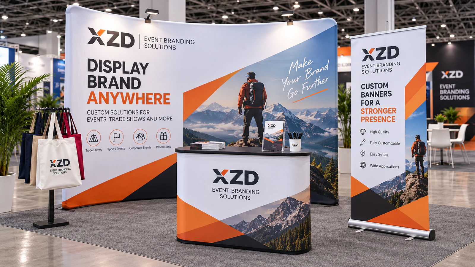 Illustrative trade show branding kit configuration with backdrop, counter, banner stand and promotional items