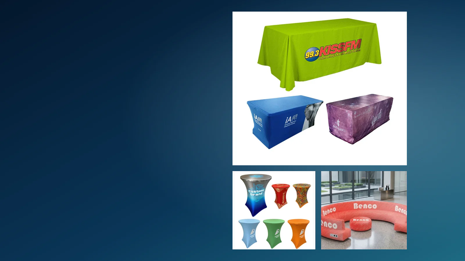 Fitted, stretch, throw and cocktail table-cover formats with branded event seating