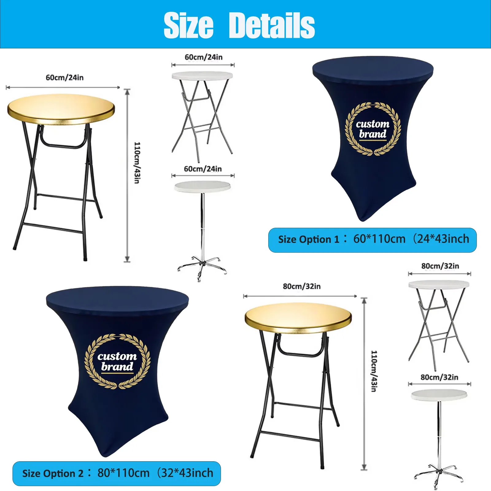High-top cocktail table dimensions shown with two stretch-cover examples