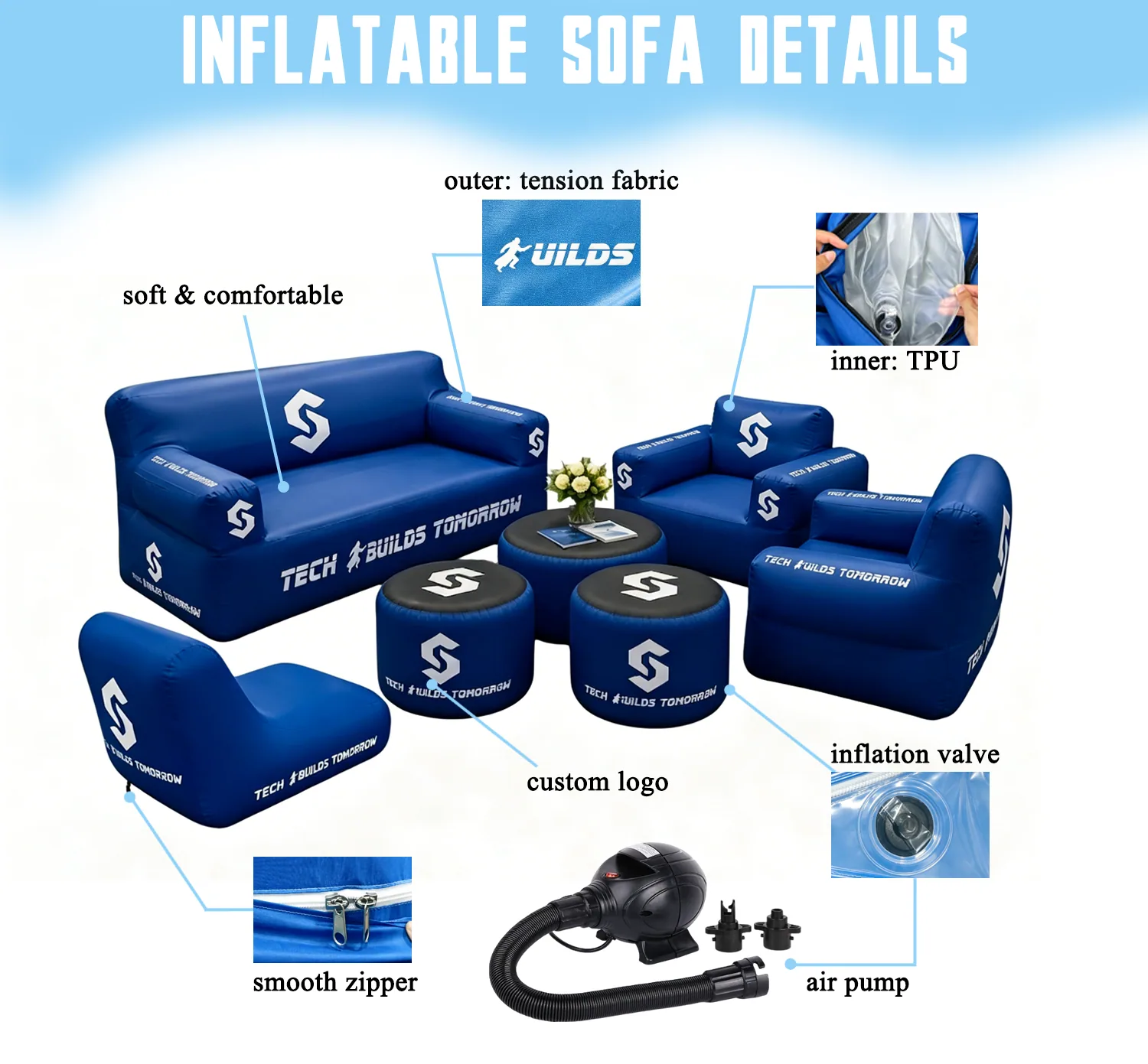 Inflatable sofa set with printable outer fabric, inner liner, valve and air pump details