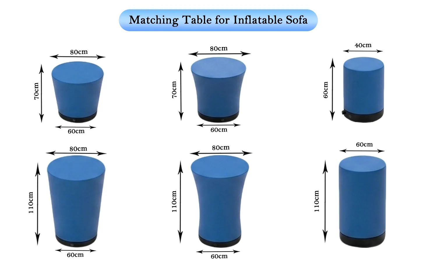 Inflatable round table and cube formats in short and tall proportions
