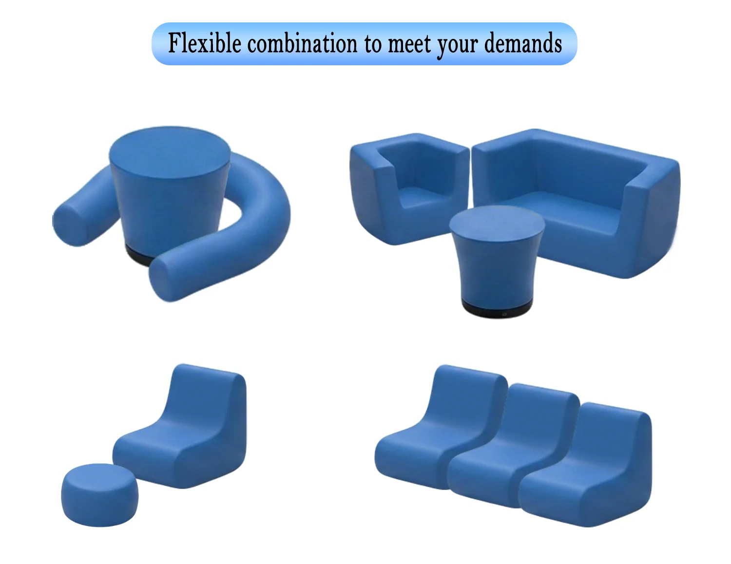 Individual inflatable lounge chairs shown with coordinated seating and table configurations