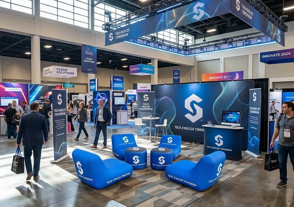 Inflatable chairs and round cubes arranged in a branded trade show booth