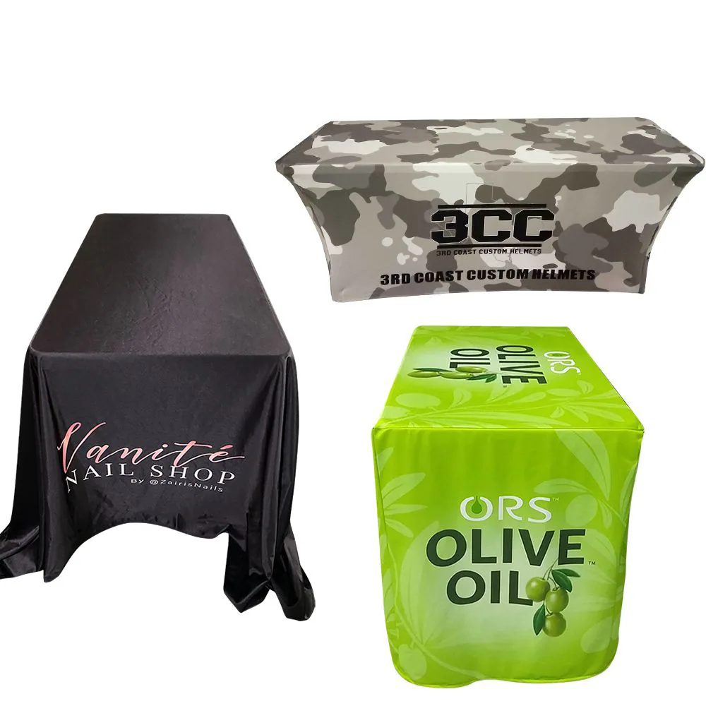 Throw and fitted table cover examples with printed front and side graphics