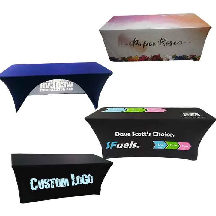 Collection of rectangular stretch table covers with custom graphics