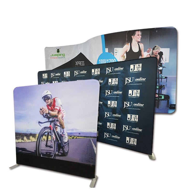Straight tension fabric backdrop with fitted graphic and support feet