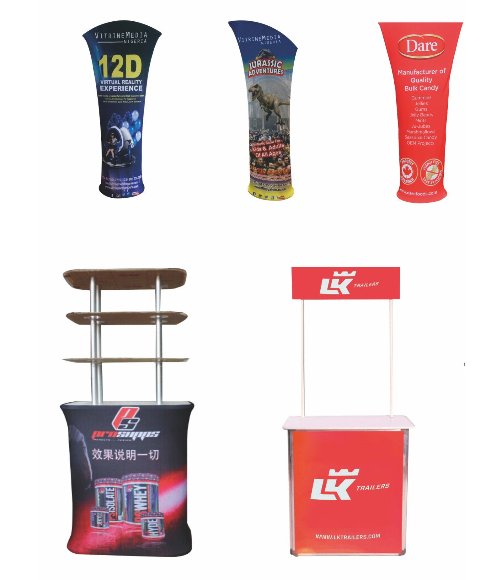 Exemples de plusieurs formats de comptoirs d’exposition
