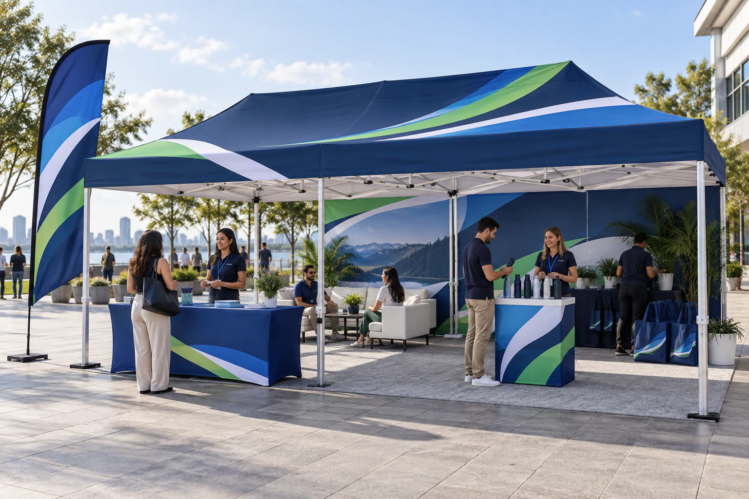 Large blue, green and white branded event canopy organized with registration, hospitality, product display and team areas
