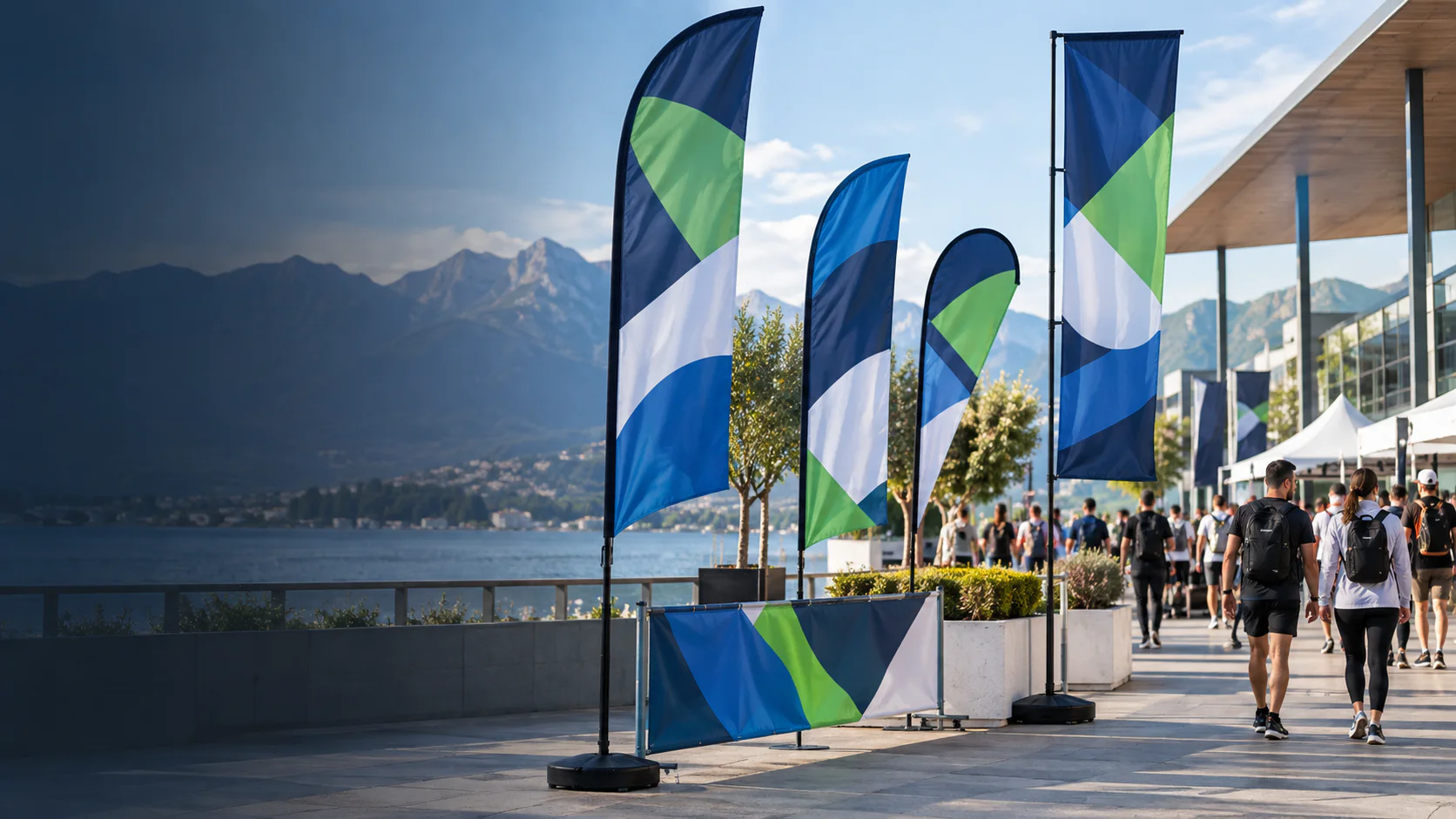 Custom flags marking an outdoor event route