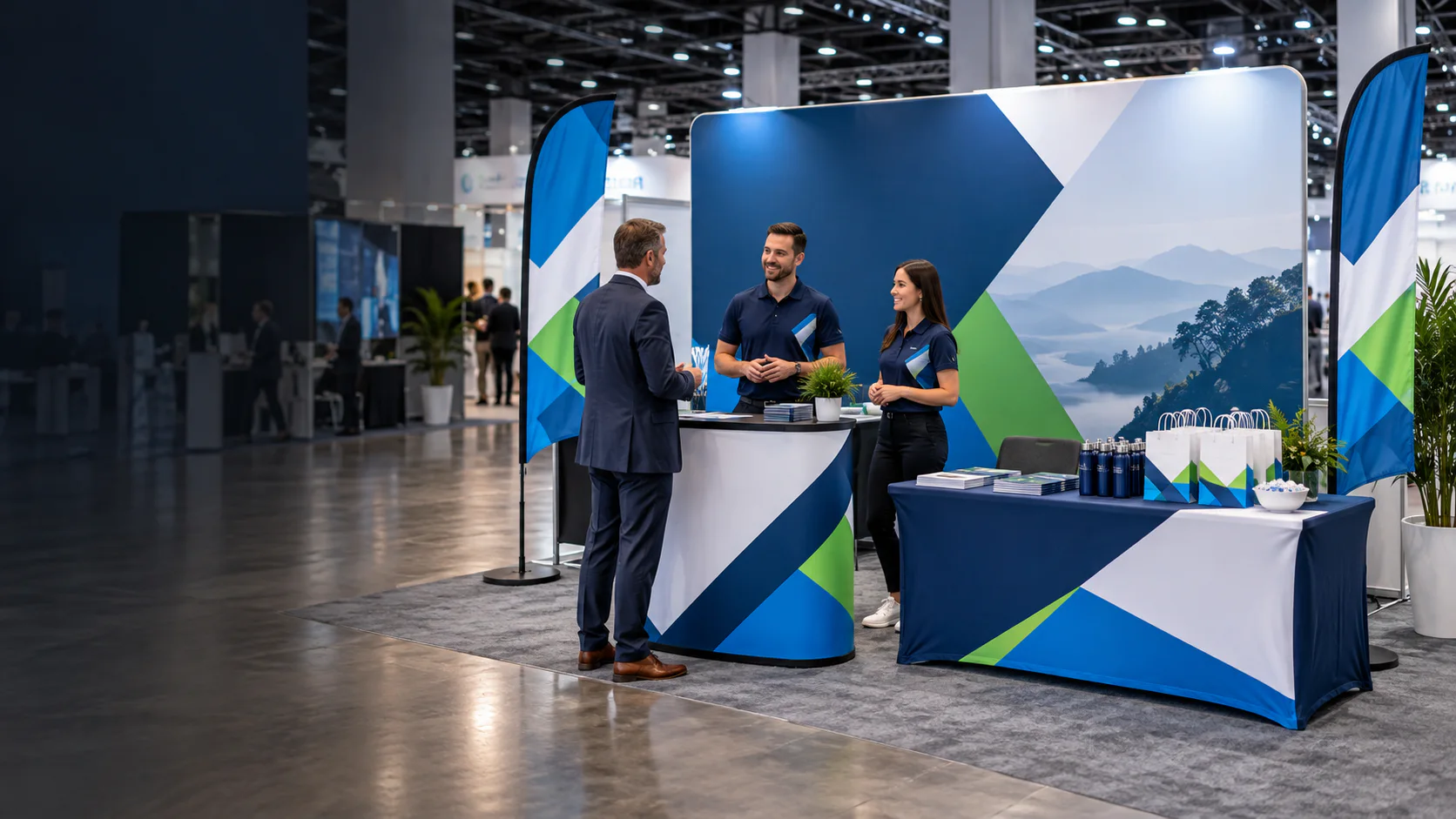 Coordinated trade show booth with branded display structures